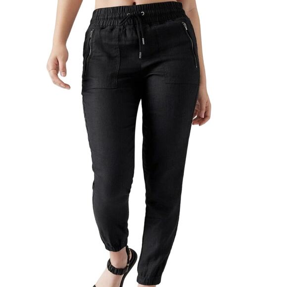 Athleta Cabo Linen Jogger Pants Drawstring High Rise Zip Pockets Black 6 - Picture 1 of 6